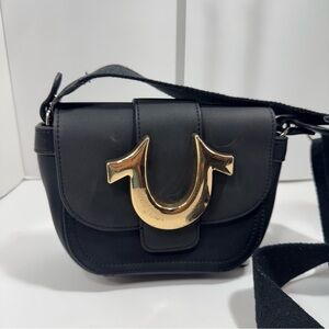 True Religion Womens Crossbody Bag Black Mini Flap Adjustable Shoulder Gold Logo